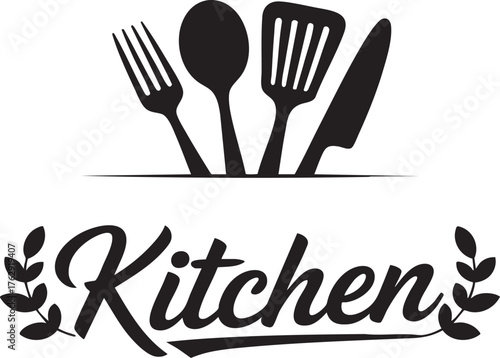 Welcome to kitchen graphic design featuring utensils and decorative laurel branches in black and white theme