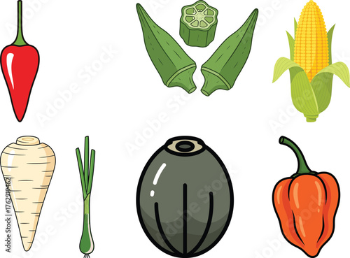 Red chili pepper okra corn parsnip scallion and habanero pepper green