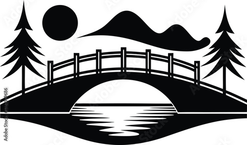 Serene Landscape, Bridge, Water Reflection, Minimalist vector art illustration