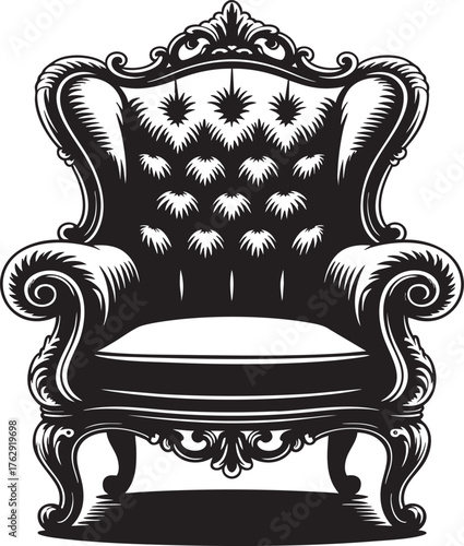 A detailed black and white illustration of an ornate vintage armchair with tufted back and scrolled arms