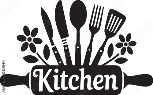 Kitchen utensils and flowers above a rolling pin with the word kitchen in the center design