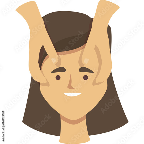 Close up on woman receiving forehead massage with tan skin brown hair and dark eyes soft smile on transparent background flat design illustration