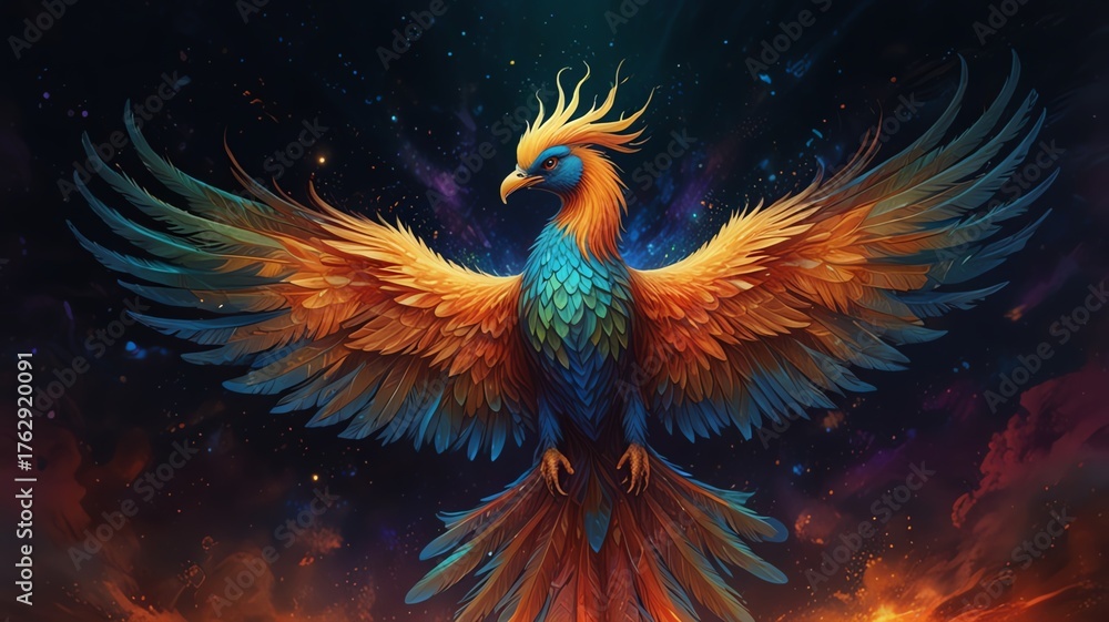Obraz premium Mythical phoenix bird with vibrant wings, rising from flames against a starry cosmos.