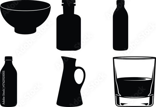 Black silhouette collection of kitchenware and drinkware on white background bowl bottle
