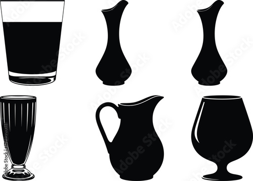 Black silhouette collection of drinkware and vases on white background glass beverage