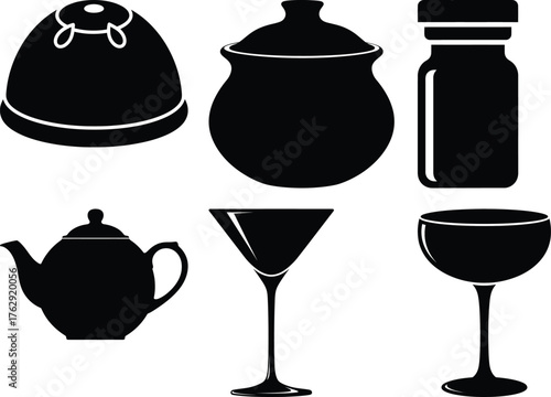 Black silhouette collection of kitchenware and glassware on white background vector