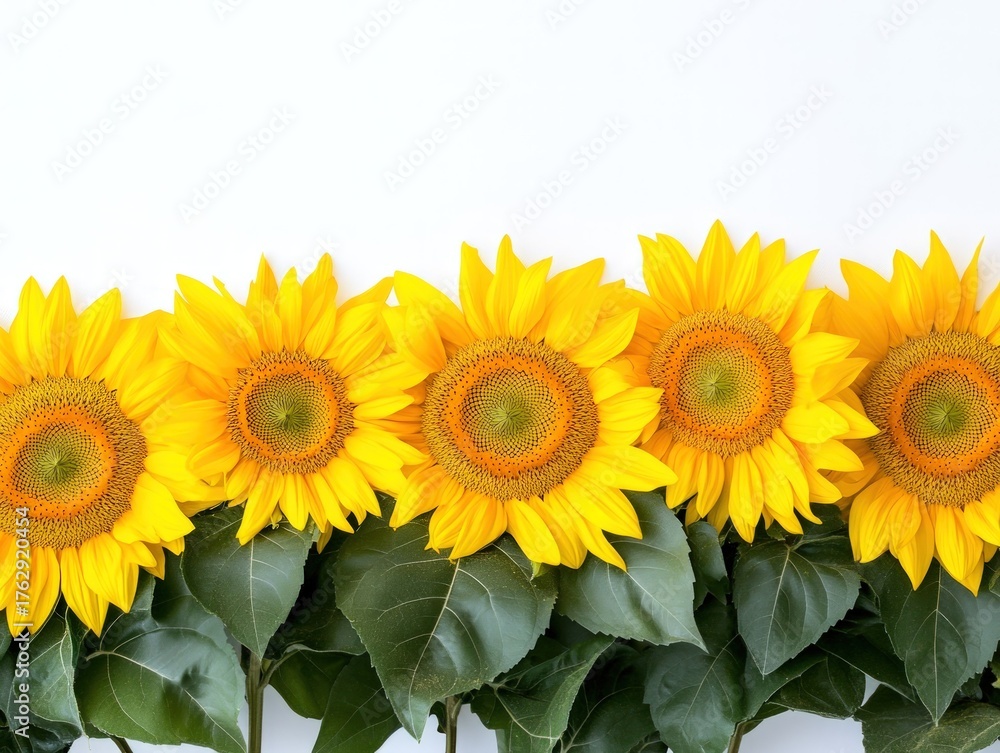 Fototapeta premium Row of Bright Yellow Sunflowers on White Background