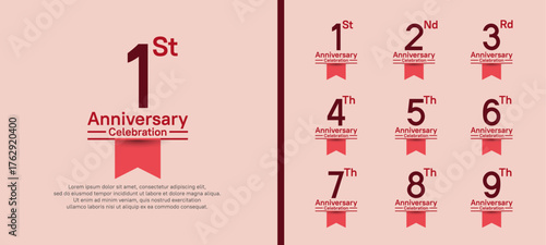 set of anniversary logo style with red ribbon. vector design brown color for celebration