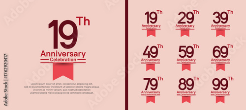 set of anniversary logo style with red ribbon. vector design brown color for celebration