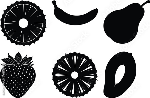 Black silhouette fruit collection pineapple slices strawberry banana pear mango white background