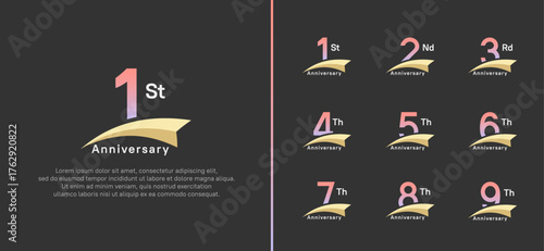 set of anniversary logo style yellow ribbon. vector design pink color for celebration