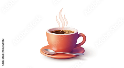 Realistic 3D vector illustration of a steaming cup of coffee with saucer, soft shadows and white background, perfect for café, breakfast, or beverage concepts.