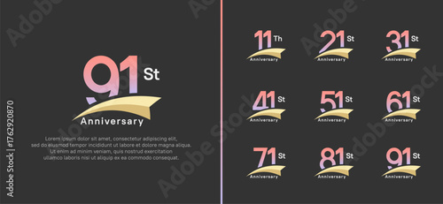 set of anniversary logo style yellow ribbon. vector design pink color for celebration