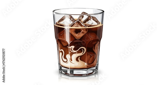 Realistic 3D vector of iced coffee glass with milk swirl and ice cubes on white background, perfect for summer drink designs.