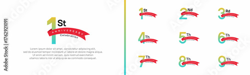 set of anniversary logo style red ribbon. vector design green color for celebration