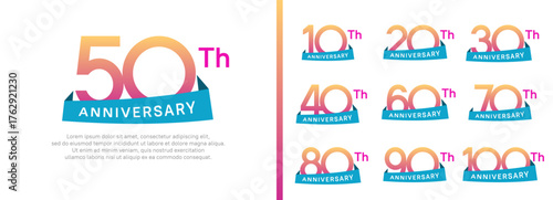 set of anniversary logo style blue ribbon. vector design pink color for celebration