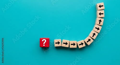 A single red cube with a question mark stands out from a line of cubes with arrows pointing forward on a blue background