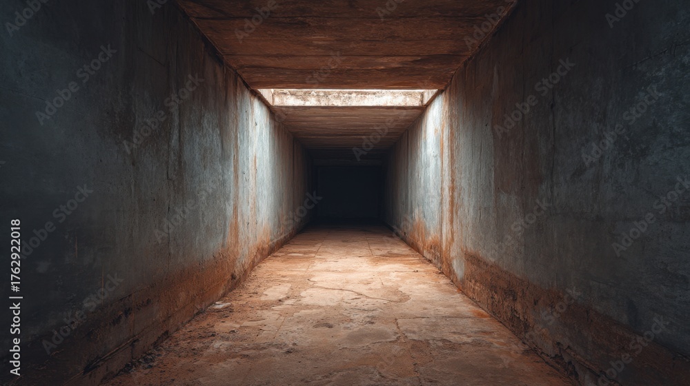 Obraz premium Dark and Fading Derelict Passageway with Textured Concrete Walls Leading Into Shadows and Uncertainty