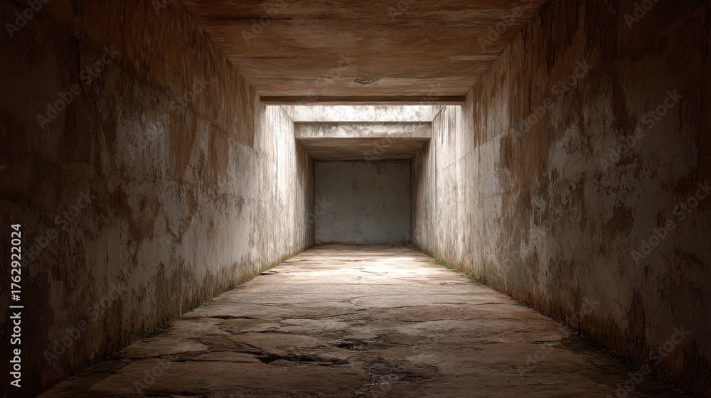 Obraz premium Fading Passage of Derelict Concrete Space into Shadows with Textures Highlighted by Soft Natural Light
