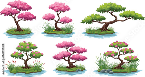 Six stylized trees with pink and green foliage on small islands in blue water pink tree green tree