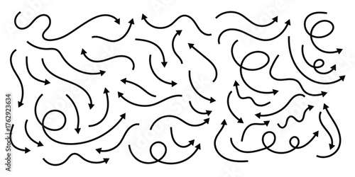 Squiggly arrow set. Chalk elements in flat style. Doodle movement spiral arrows, scribble, lines. Hand drawn pencil brush arrow icon. Vector illustration on white background.