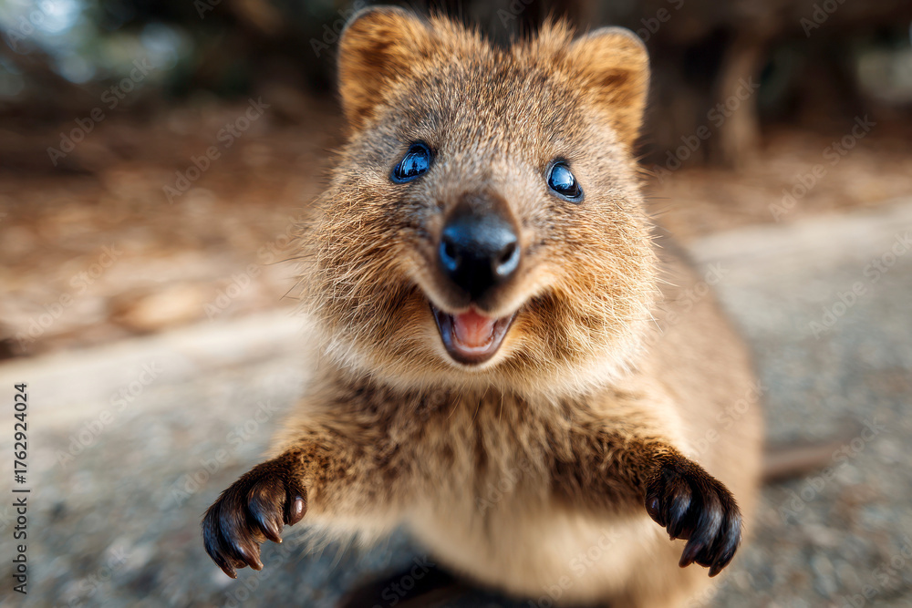 Fototapeta premium Delightful quokka portrait capturing its endearing smile and curious gaze in natural setting