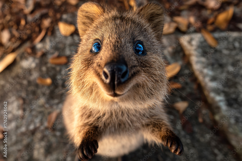 Naklejka premium Delightful quokka portrait capturing its endearing smile and curious gaze in natural setting