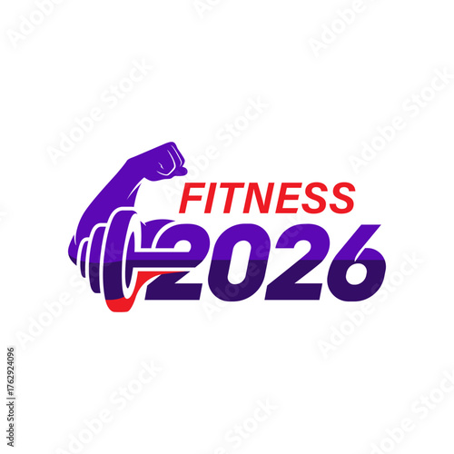 Symbolic Fitness 2026 logo design featuring a muscular arm lifting a dumbbell, representing power, exercise goals, and bodybuilding motivation for the new year. Clean vector graphic for gym branding