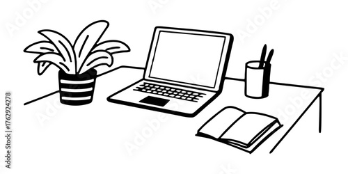Illustration of desk with laptop plant book and pen holder for study work or creative workspace concept