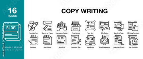 Copy Writing icon set. Includes copywriting, copy, content, marketing, brand and More. Editable Stroke Icon Collection.