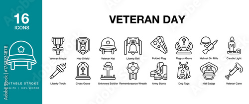 Veteran Day icon set. Includes veteransday, remembrance, honor, service, military and More. Editable Stroke Icon Collection.