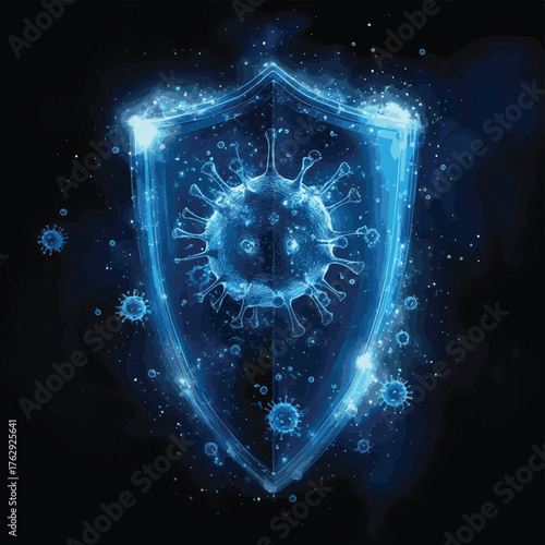 A futuristic shield disperses microorganisms in a dramatic explosion, symbolizing protection against viruses and pathogens in a digital world.   , vector style simple color