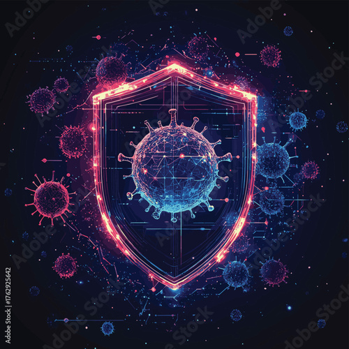 A futuristic shield disperses microorganisms in a dramatic explosion, symbolizing protection against viruses and pathogens in a digital world.   , vector style simple color