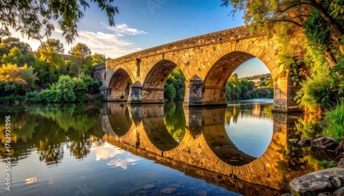 Historic Stone Arch Bridge Illuminated by Golden Hour Sunlight Reflecting in Calm Water Surrounded by Lush Green Trees and Foliage
