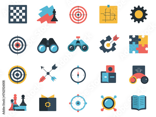 A colorful collection of icons representing strategy, planning, and problem-solving themes.