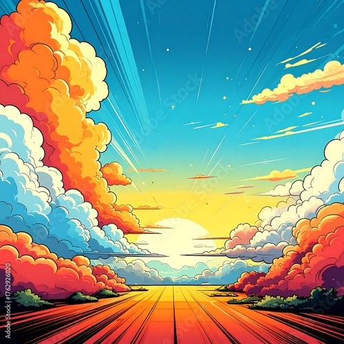 Fototapeta Naklejka Na Ścianę i Meble -  Vibrant sunrise over a vast landscape, with stylized clouds and a perspective road leading towards the radiant sun