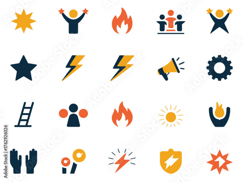 A vibrant set of icons representing success, teamwork, and energy in a flat design style.