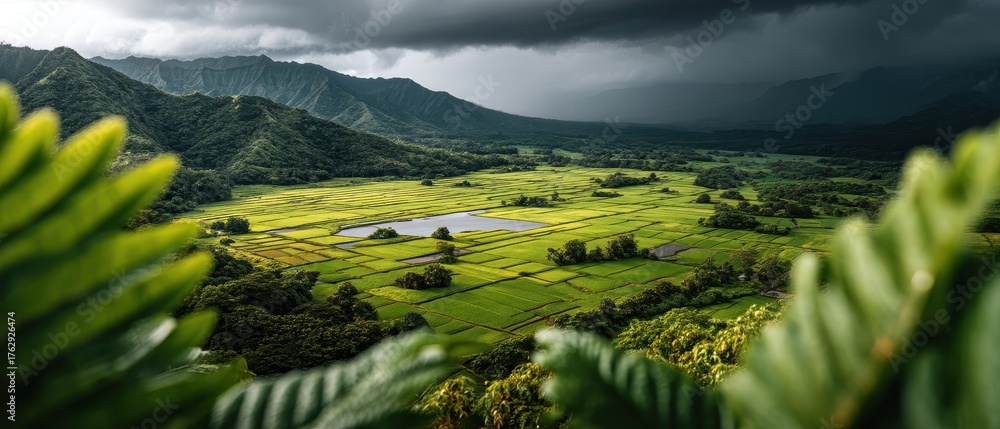 Obraz premium Tropics Tropical storm Remote concept. Vibrant landscape with rice fields under a moody sky.