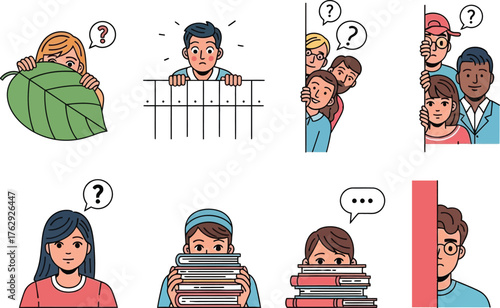 Diverse Group of People Peeking and Expressing Confusion or Inquiry