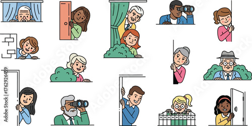 People Peeking Out and Hiding Icon Set - Curious Neighbors or Spies Looking Around
