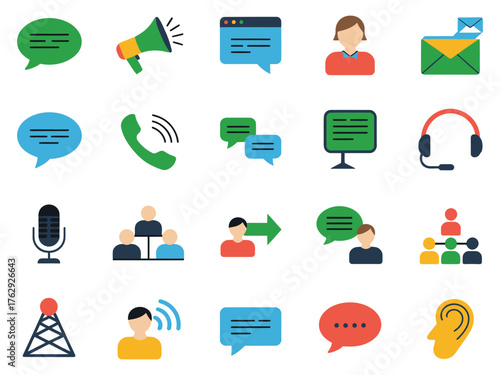 Colorful communication symbols representing different methods and tools of interaction.