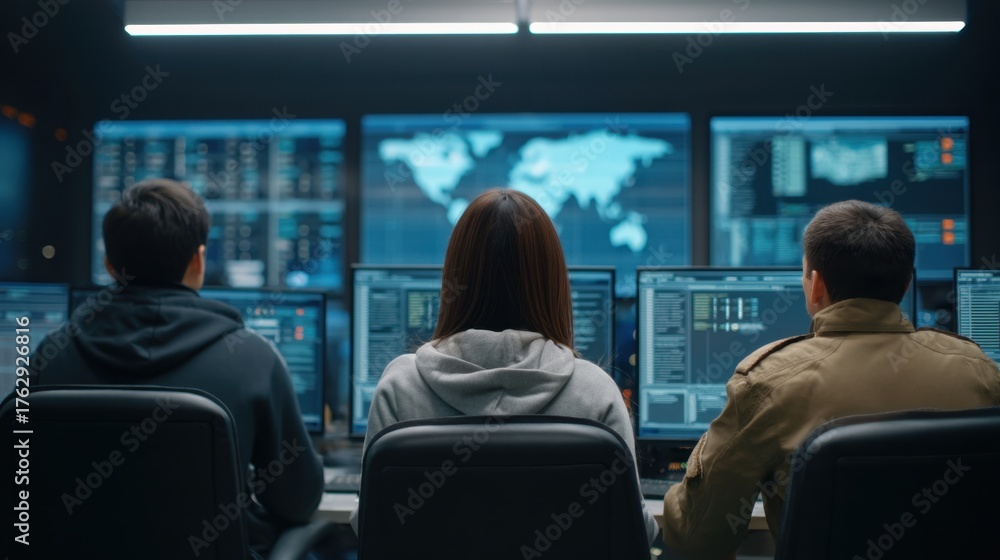 Fototapeta premium Team of Professionals Analyzing Data on Multiple Monitors in a Dark Control Room Environment with Screens Displaying Information and Analytics
