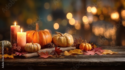 autumnal display of pumpkins candles and fall leaves on a rustic wooden table against a bokeh background