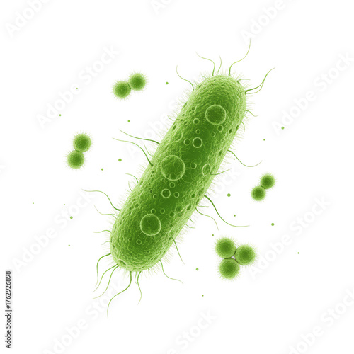 Vibrant green bacterium with flagella for scientific illustration, isolated transparent background