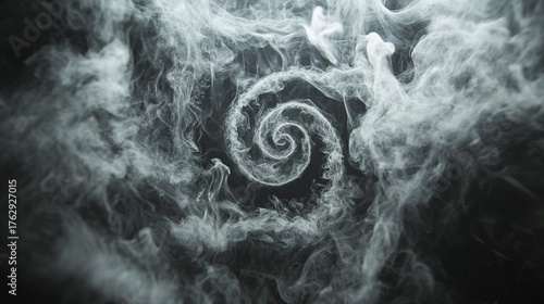 incense smoke curling into an elegant spiral against a dark background, capturing serenity, meditation, mindfulness, aromatherapy, relaxation, and abstract ethereal forms.