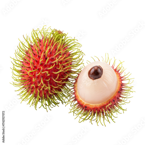 Vibrant exotic rambutan fruit, one whole and one cut, displaying juicy white flesh and seed,