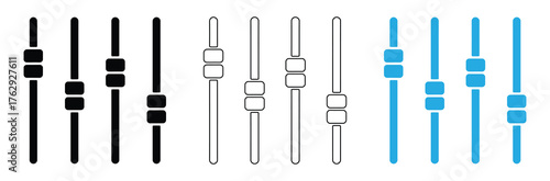 Adjustments icon Flat illustration vector with thin stroke,equalizer icons in black, outline, and blue isolated on white background,