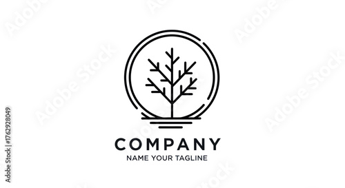 Minimalist line art tree logo design inside a circular frame.