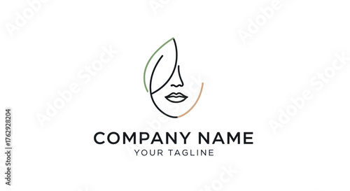 Elegant minimalist logo design of a face with leaf, beauty and wellness concept.