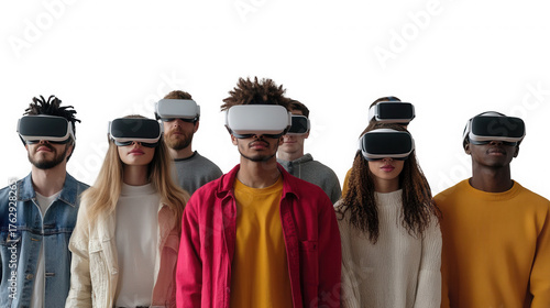 Diverse group of people wearing virtual reality headsets isolated on transparent background